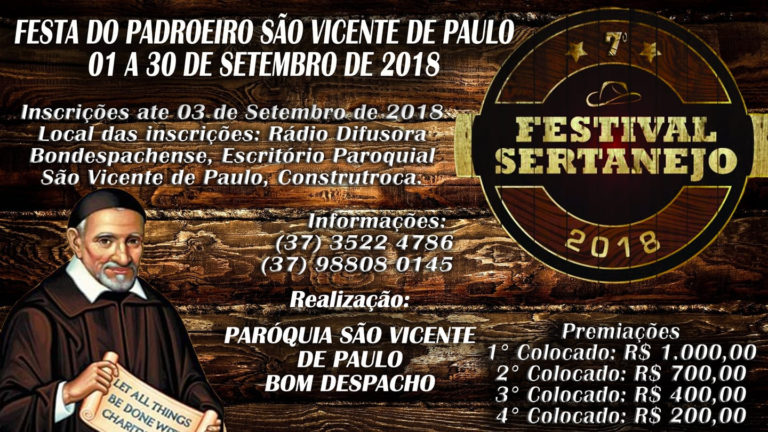 Bom Despacho promoverá o 7º Festival de Música Sertaneja, na Paróquia S. V. de Paulo